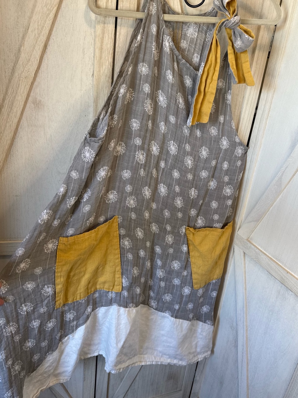 Gray Dandelion Print farmhouse linen Apron Dress Mustard Pockets tie detail